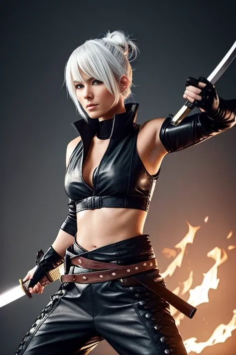 30 year old woman with white hair in a bun, with a fringe, in a leather ninja outfit holding a katana