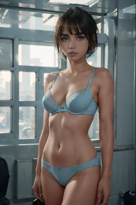 Ana de armas with light blue short hair color, wearing only bra and panties, in a room