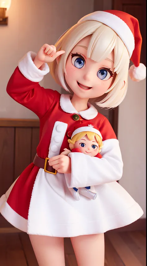 she is cute santa claus、Blonde short cut hair、Silver eyes、Big eyes、Cute smile、Santa Hat、nurses outfit、