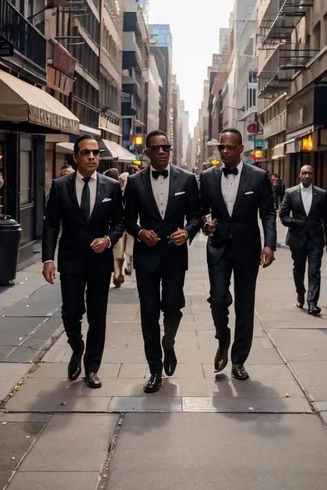 The Rat Pack walking down a sidewalk in Manhattan in 2023 with people from 2023 walking by them.