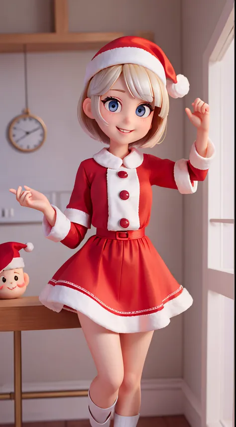 she is cute santa claus、Blonde short cut hair、Silver eyes、Big eyes、Cute smile、Santa Hat、nurses outfit、