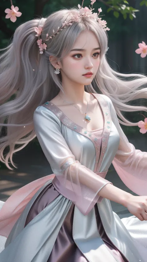 a girl, detailed hair, detailed eyes, shy, facial hair, clover hair ornament, jeweled branch of hourai, jewelry, light blush, light blush, musical note hair ornament, dark silver dress, princess dress, silver highlight, glowing light, ray tracing, bloom, c...