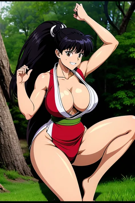 Kagome Higurashi, mai shiranui from the king of fighters, 1girl, solo, beautiful detailed eyes, ultradetailed eyes, extremely detailed face, perfect lighting, long black hair, golden eyes, 25yo, Japanese mature female, wearing a red short kimono, cleavage,...