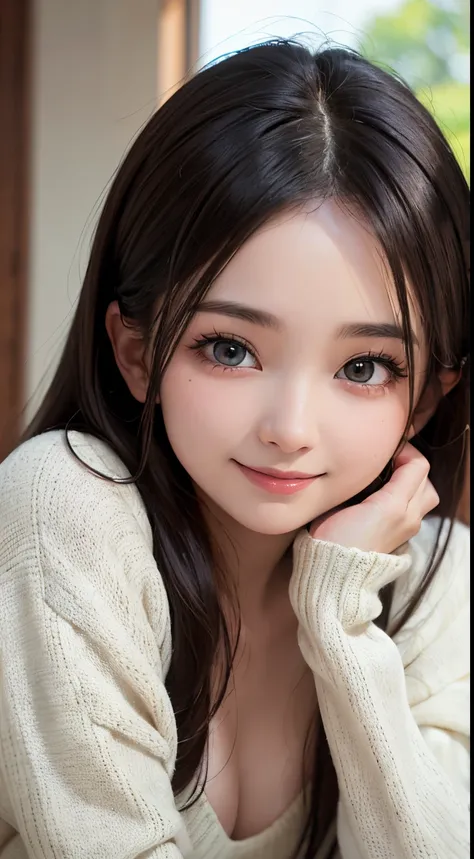 ((best quality, 8K, masterpiece)), ultra detailed, sharp focus, 1 cute girl, (long sweater), highly detailed face and skin texture, ((detailed eyes)), ((beautiful eyes:1.2)), (smile:1.15), ((three-quarter length))