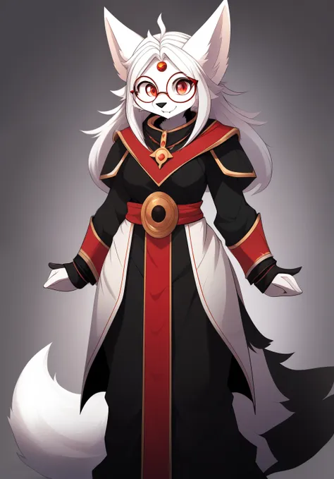 anthro, mommy female white fox, solo, long white hair, red eyes, fangs, full body, one big tail, dark background. dark priest with balck and red cloack, third eye on forehead, round glasses, full body