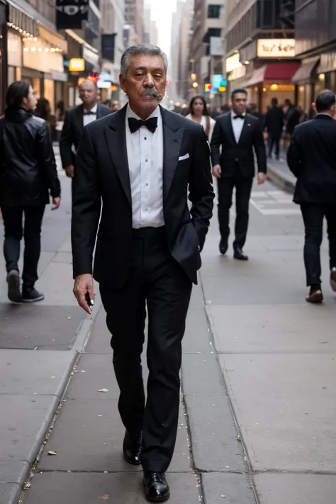 Dean Martin walking down the sidewalk in Manhattan dressed in a tux and smoking a cigarette in the year 2023. Someone walks by him dressed in modern clothing.