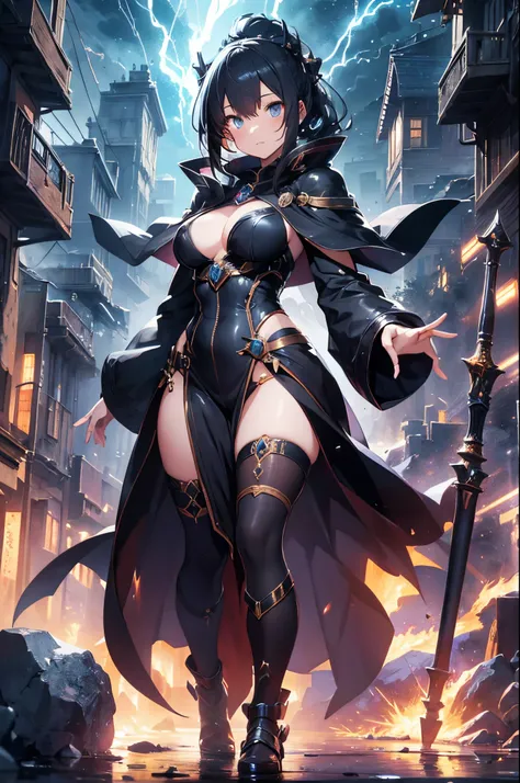 4k), (best quality), (best details) full body shot of female mage in hyper detailed style in a dramatic posr, complex art noveau backgraound, dramatic lighting, lightning effects