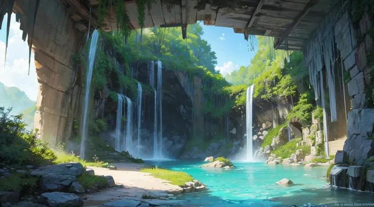 sacred cave, clear water, abandoned shrine, Ghibli style