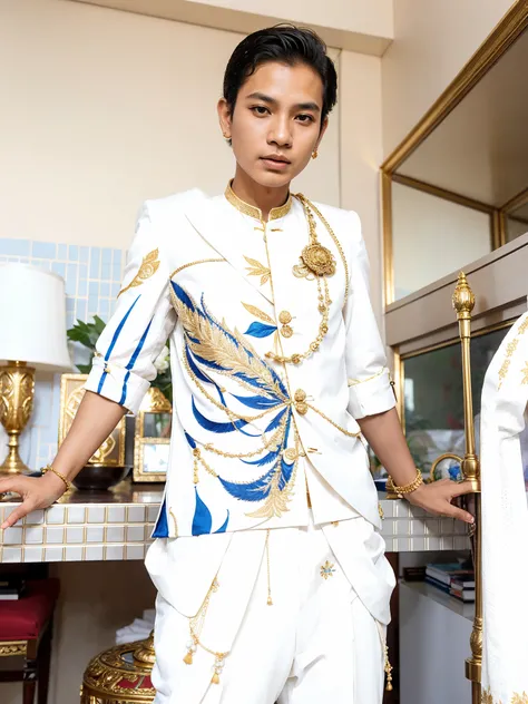 Khmer man with short hair, a white suit and gold collared shirt, beautiful androgynous prince, mohamed chahin style, wearing an ornate outfit, royal elegant pose, looking regal and classic, delicate androgynous prince, in style of thawan duchanee, sukhotha...