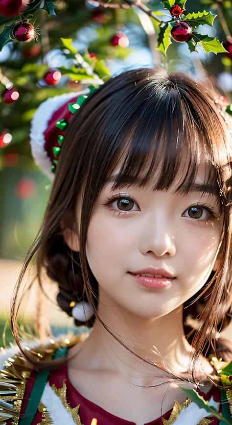 ((Mature girl in Santa Claus costume:1.3, green and red dress)),japanaese girl, 25 years old,Face Focus, ((eyes visible through hair)),  ((Plump lips)), Cute Girl, Little smile