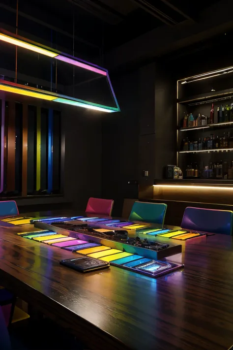 Various cyberpunk prismatic and rainbow products on a table in a variety of colors, No hay humanos