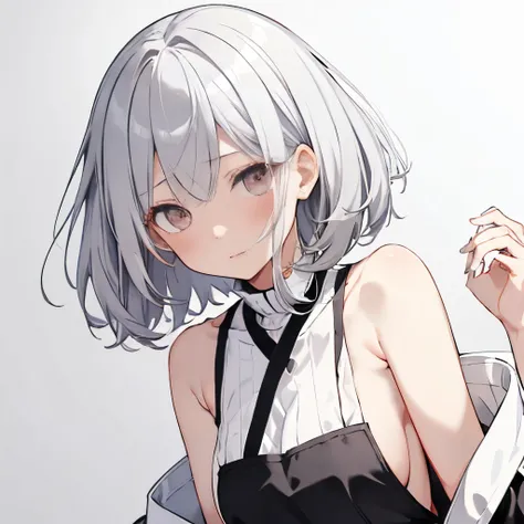 【Highest Quality, masutepiece】 [1 girl in, Manteau, expressioness, Red Eyes, front facing, White hair, Slender beauty,straight haired, Bery short hair ,Cafe Apron] (Gray white background:1.5), No smile, Does not blush cheeks,not naked,