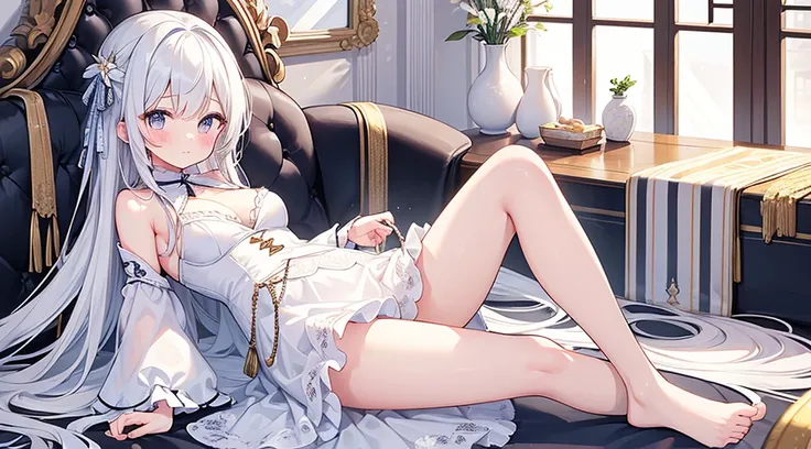 (tmasterpiece)、(top-quality)、(ultra - detailed)、(独奏)、Beautiful girl of 14 years old、small、mediuml breasts，Shoulders bare、Emphasize cleavage、Thighs exposed、Long white hair，White super short lolita，Bareleged，Look at the camera shyly，Holding urine，Pee came ou...