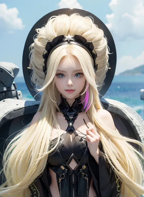 Fluorescent blonde long hair，Nice face，black bikini，Heterochromatic pupil，ssmile，apathy，比基尼，fully body photo