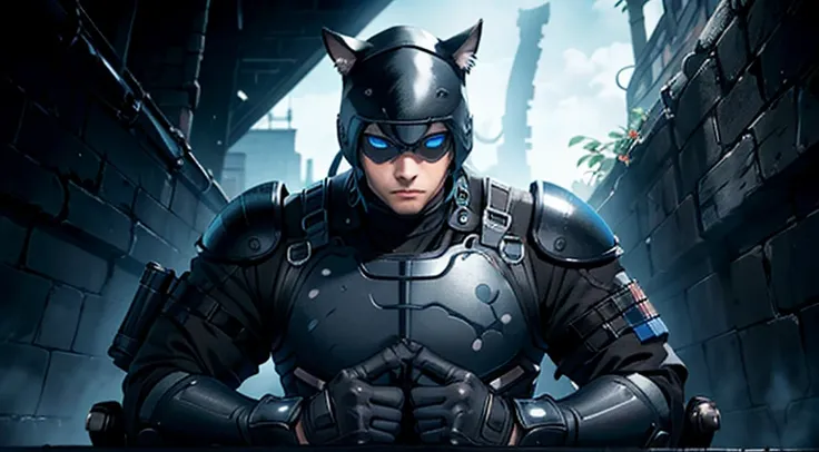 male with cat ears wearing black and blue ninja armor