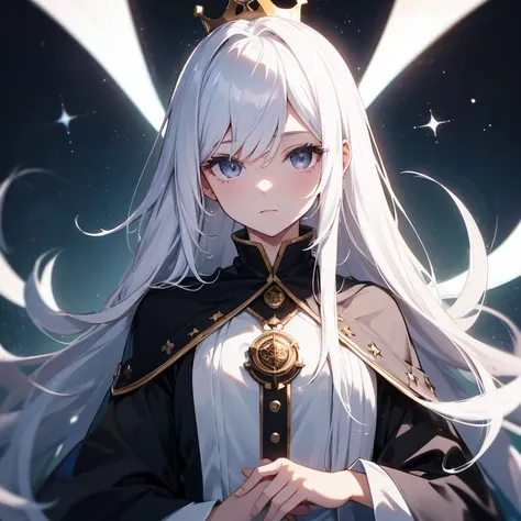 White long hair. Stars shapped crown. Black eyes. Goddes white girl