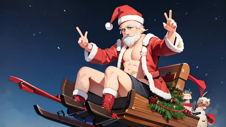 male, effiminate, queer LGBTQ Santa Clause riding on a sleigh. Open shirt. Sexy santa. 2d art.