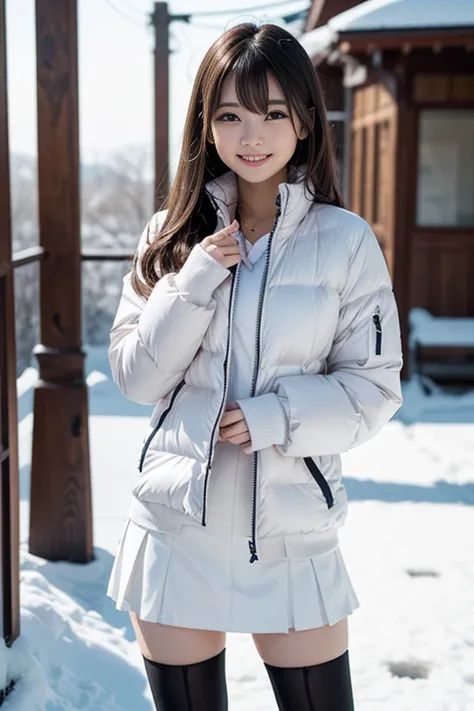 the cutest girl who works as a gravure idol is in the snow、with shiny brown hair、she is wearing a down jacket, a tight white min...