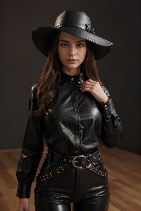 a woman with fancy hat, wearing black leather pants with a belt, red buttoned up blouse, cute pose, detailed face, detailed body, detailed outfit (reality: 1.4), (A hyper-realistic), (high resolution), (8K), (highly detailed), ( Best Illustration), (detail...