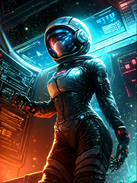 (best quality,4k,8k,highres,masterpiece:1.2),ultra-detailed,(realistic,photorealistic,photo-realistic:1.37),astronaut girl in detailed space suit with helmet inside a futuristic space station,detailed visor reflection, sleek silver spacesuit, vibrant color...