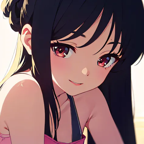 photographrealistic, (masutepiece,Best Quality:1.4),(8K,Raw photo,photographrealistic:1.2), Detailed skin,Detailed face,1girl in,Japanese Idol,Cute face, Black hair,Small breasts, slender, shiny eyes, Smile, BREAK (Side view:0.6), Cute camisole, pastel col...