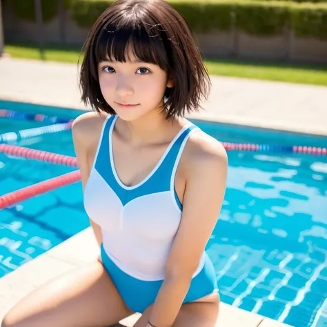 a junior high school student、short-hair、Breasts are big、eyes large、dual、swim wears