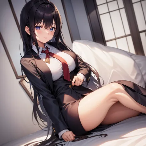 Yukino under the snow,Woman wearing sexy silk nightgown stands in a large alcove of the room, 1个Giant Breast Girl, Alone, tiese, brunette color hair, eBlue eyes, long whitr hair, ssmile, jaket, looking at viewert, The shirt, trouser, a blue tie, collared s...