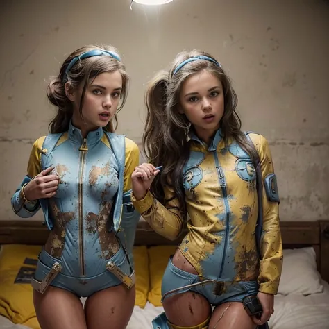 two girls, (((old dirty and torn light blue vaultsuit with a yellow double zip, with pipboy3000 on wrist))), beautiful breasts, ...