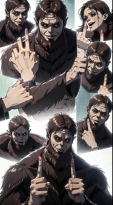 masterpiece, middle finger hand pose, (middle finger:1.25), beast titan, smiling, (show tongue:1.5), crazy smile, detailed face, detailed hands, detailed fingers