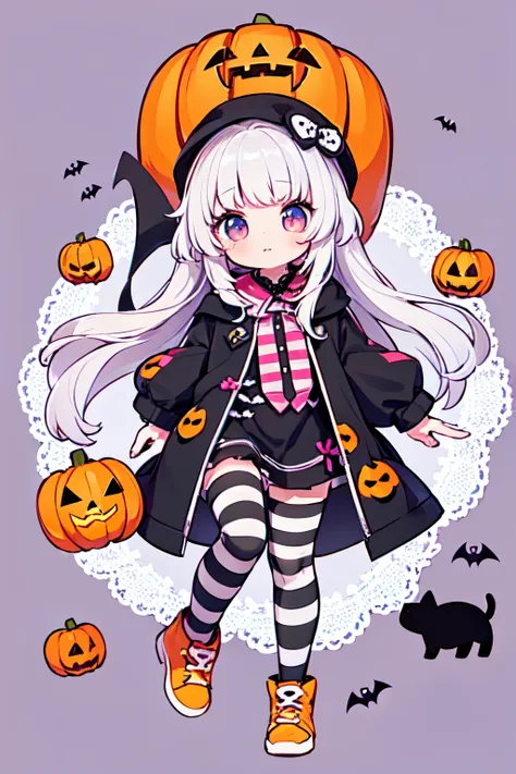 1girl, cute, halloween, pumpkin, pattern, blue cat, striped hat, stripe leggings, fullbody, design, character design, visual dev...