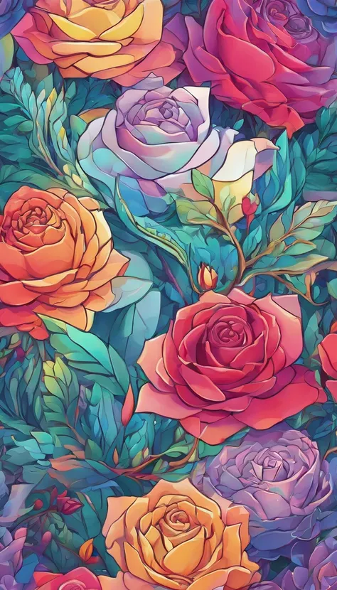 A sea of radiant roses，Petals in rainbow colors,Radiating the light of the sun and moon，Crystal material