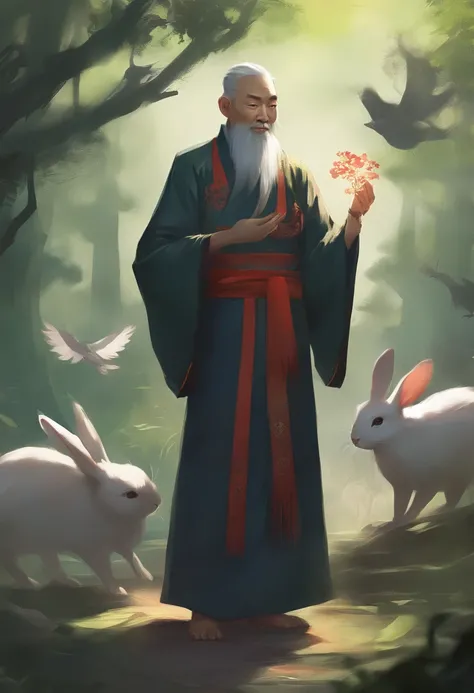 A Taoist priest in Taoist uniform，A rabbit, Walk in the forest, Many birds, Lots of animals, Happy, Happy, perfectquality, Clear focus