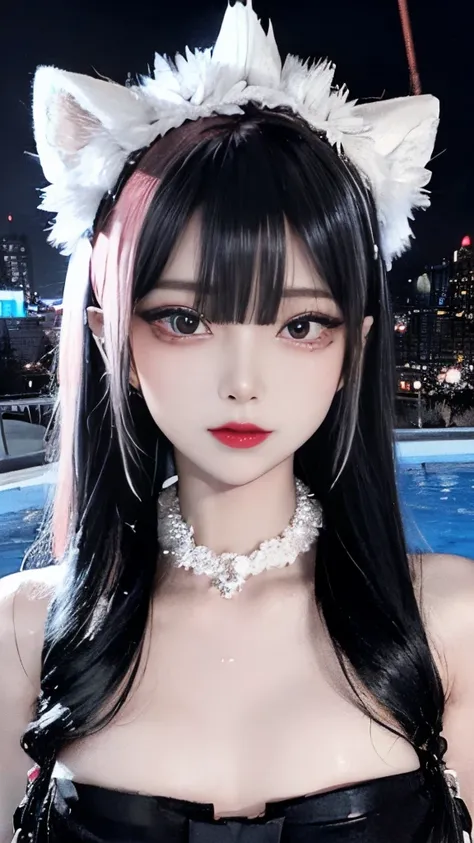 (Cinematic Digital Artwork: 1.3), High quality, masutepiece,de pele branca、Lustful Girl, Estrus girl, , Twin-tailed, night landscape、POV ,  rub ones breasts, (Sweat、Vulgar laughter、narrow her eyes、Black hair Long hair、twin-tail hair、Red Glitter Eyeliner、Re...