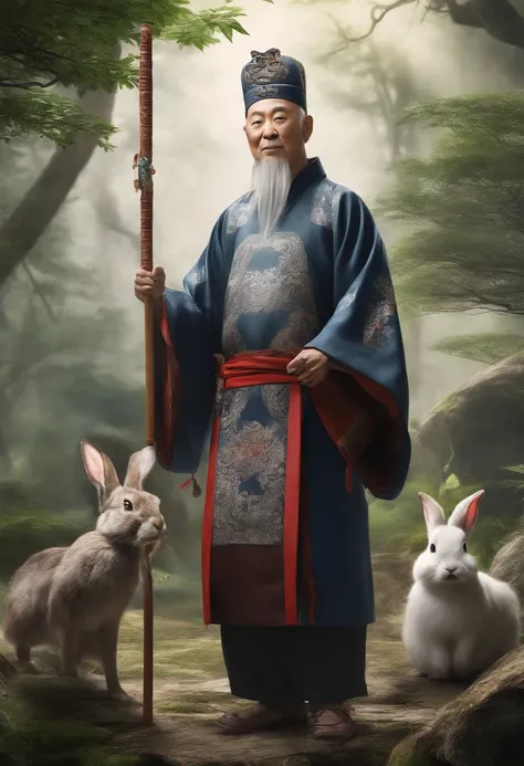 Taoist priest in Taoist uniform，A rabbit, Walk through the forest, Many birds, Lots of animals, Happy, Happy, perfectquality, Clear focus