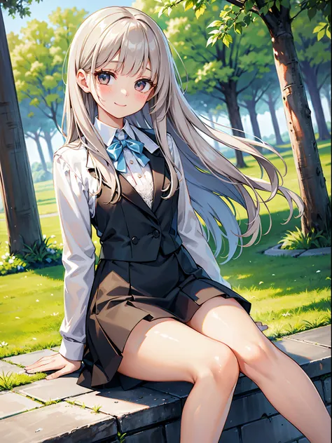 A clear day, Elegant photo of a girl in a blazer dress, (Puffy eyes:1.05), (White lace shirt), Platinum brown hair, (Anglebob:1.4), flat bangs, (Flowing hair), Smile slightly, Happy, Happiness, High detailed skin, Skin pores, Stunning innocent symmetry fac...