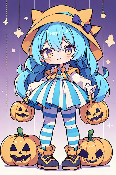 1girl, cute, halloween, pumpkin, pattern, blue cat, striped hat, stripe leggings, fullbody, design, character design, visual dev, adopt, adoptable art, deviantart, da, cute chibi