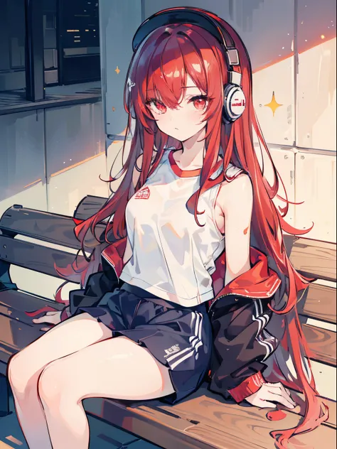 headphones,cap,sitting a bench,training wear,(ultra detailed perfect piece:1.2), illustration, masterpiece, (extremely detailed CG 8k), (very fine 8K CG),(1girl:1.2), (red hair), middle hair, wavy hair, hair over one eye, sparkling, red eyes