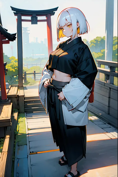 1female, adult, thick, white hair, medium length hair, bowl cut, yellow eyes, oversized akatsuki cloak, black long sleeve crop top, black baggy pants, standing on path, japanese shrine, serious expression