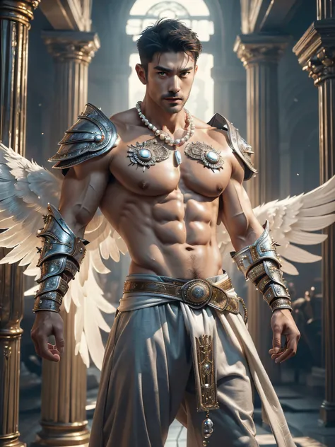 Ancient Roman warriors had wings！Huge metal wings！holdingweapon！Every scale of the body is three-dimensional,Wearing diamond-like medieval silver armor！Elegant！exquisit facial detail, The ancient Roman Coliseum is in the background！,Wear white clothes made...