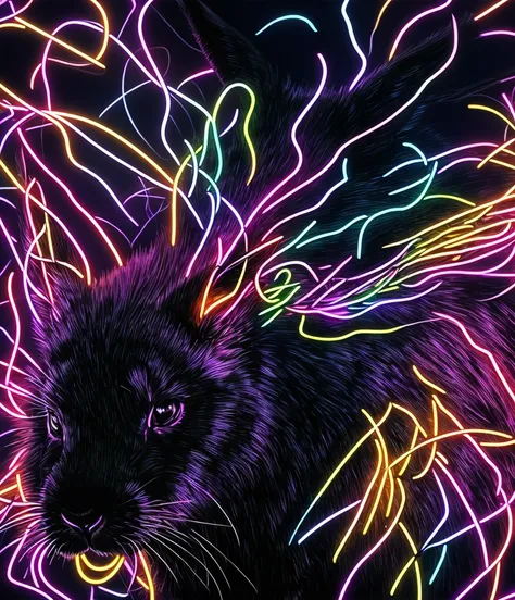 black rabbit in neon style, with electric line effects, using a combination of black, white and electric blue.