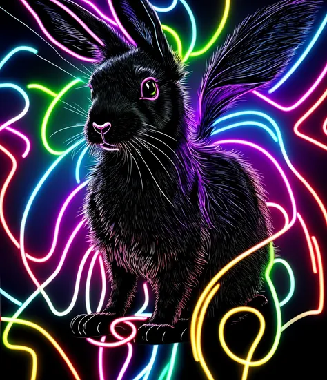 black rabbit in neon style, with electric line effects, using a combination of black, white and electric blue.