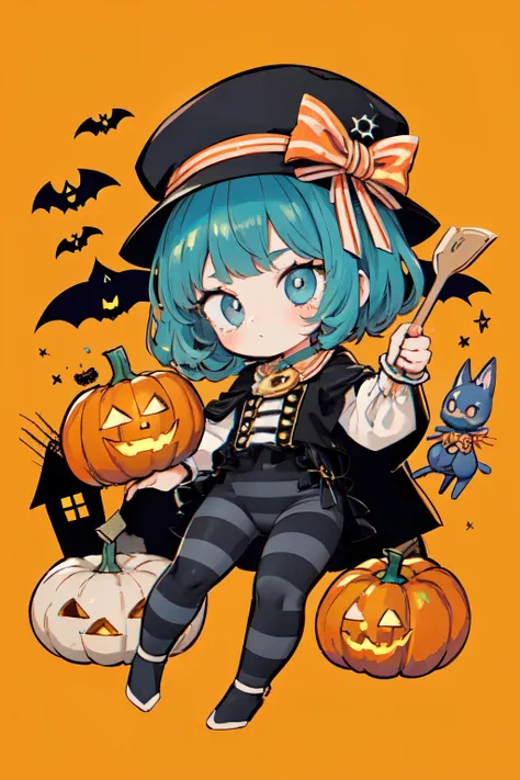 1girl, cute, halloween, pumpkin, pattern, blue cat, striped hat, stripe leggings, fullbody, design, character design, visual dev, adopt, adoptable art, deviantart, da, cute chibi