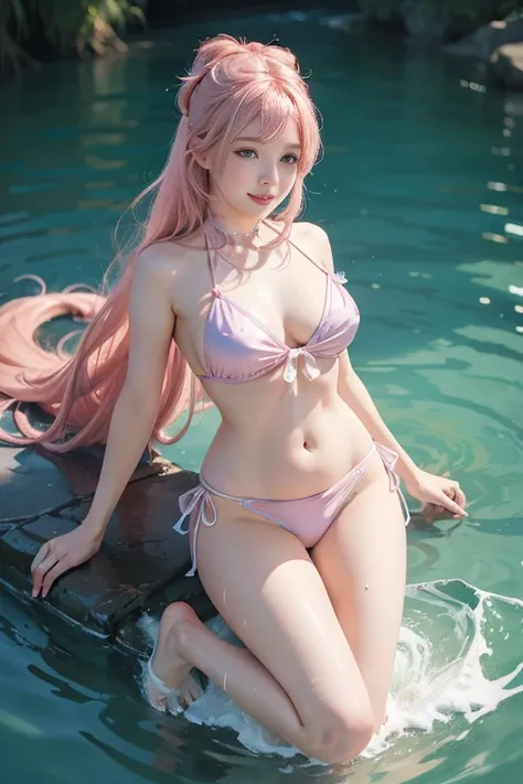 (Realistic painting style:0.9),tmasterpiece,1 plump girl,Alone,with pink hair,bow hair,Pink Long Hair,In the depths of the ocean,face to the viewer, laughing joyfully，The smile is bright，cropped shoulders,  through bangs, Hair color, No shoes,  a purple ey...