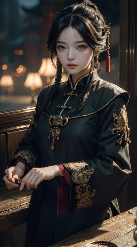 Best quality, (RAW photo: 1.2), (Masterpiece: 1.4), (Realism: 1.4), (High resolution: 1.4), Chinese actress Guli Naza, depth of field, intricate details, 8k, very detailed, perfect lighting, epic background, black tang costume