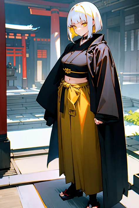 1female, adult, thick, white hair, medium length hair, bowl cut, yellow eyes, oversized black cloak, black long sleeve crop top, black baggy pants, standing on path, japanese shrine, serious expression