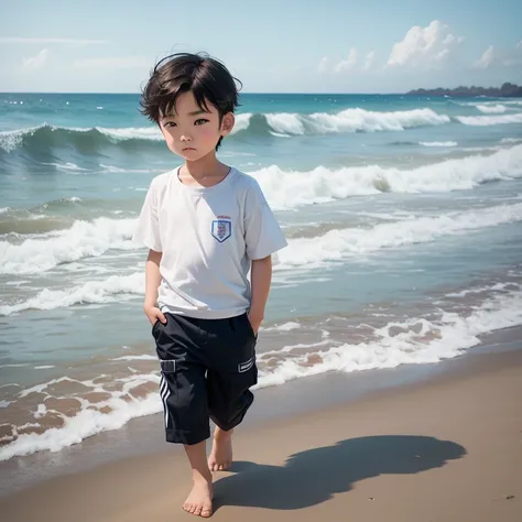 young boy, 6 years old, European appearance, he walks along the seashore.