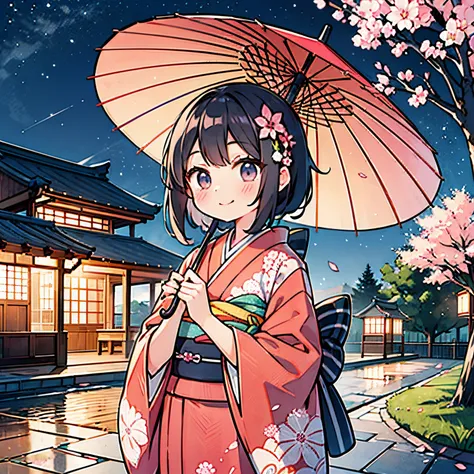 the cherry tree　cherry blossoms are falling　teens girl　kimono　kawaii faces　cute smile　night time zone　japanese umbrella