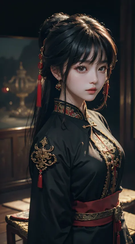 Best quality, (RAW photo: 1.2), (Masterpiece: 1.4), (Realism: 1.4), (High resolution: 1.4), Chinese actress Guli Naza, depth of field, intricate details, 8k, very detailed, perfect lighting, epic background, black tang costume