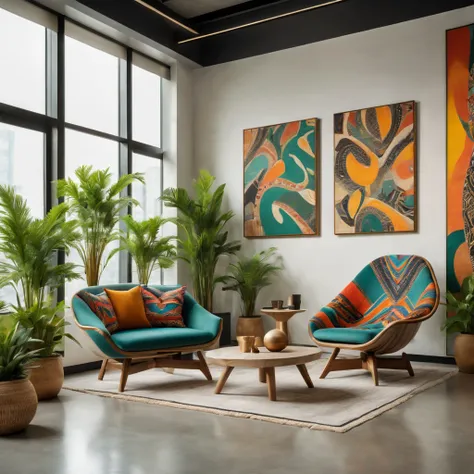 tribal style，utopian，afofuturism，Postmodern，Lounge style office photos，inside in room，cozy environment，Modern furniture，Stylish design，Maximalism，Natural lighting，Vibrant colors，tribal pattern，Abstract artwork，floor to ceiling window，in a panoramic view，Er...