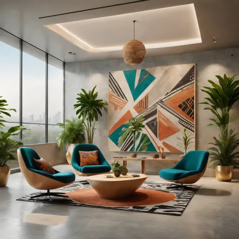 tribal style，utopian，afofuturism，Postmodern，Lounge style office photos，inside in room，cozy environment，Modern furniture，Stylish design，Maximalism，Natural lighting，Vibrant colors，tribal pattern，Abstract artwork，floor to ceiling window，in a panoramic view，Er...